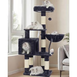 Heybly Cat Tree with Toy, Cat Tower Condo for Indoor Cats, Cat House with Padded Plush Perch, Cozy Hammock and Sisal Scratching Posts, Smoky Gray HCT004SG (43.3 inch)