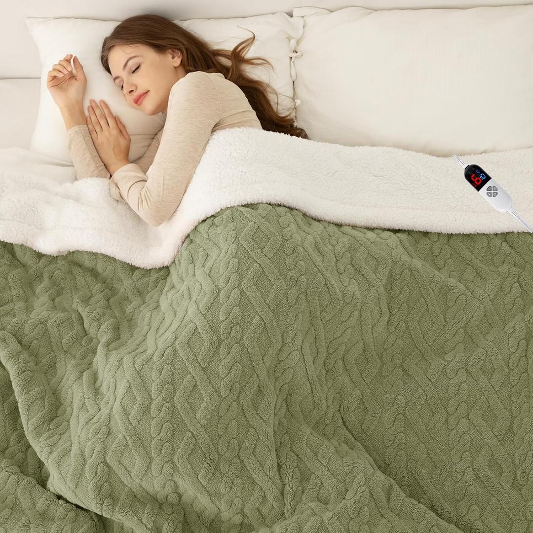 LUZARTA Heated Blanket Full Size 72"X84" Green  Soft Thick Warm Sherpa Electric Blanket for Winter with 6 Fast Heating Levels & 10hrs LED Timer Auto Off for Women, Washable & ETL Certified for Bed