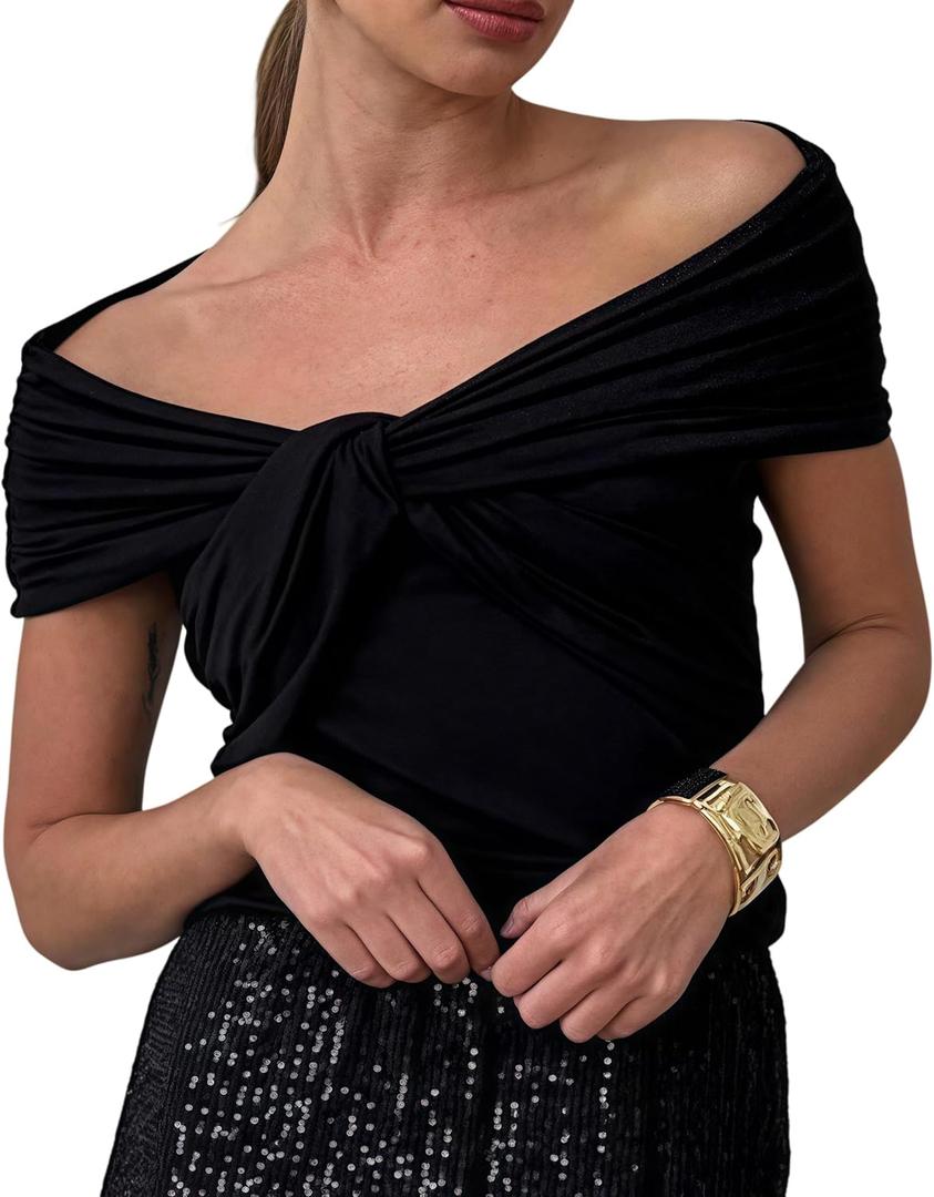 Women's Y2K Off-Shoulder Crop Top - Ruched Sleeveless Blouse for Beach Party (Large, Black)