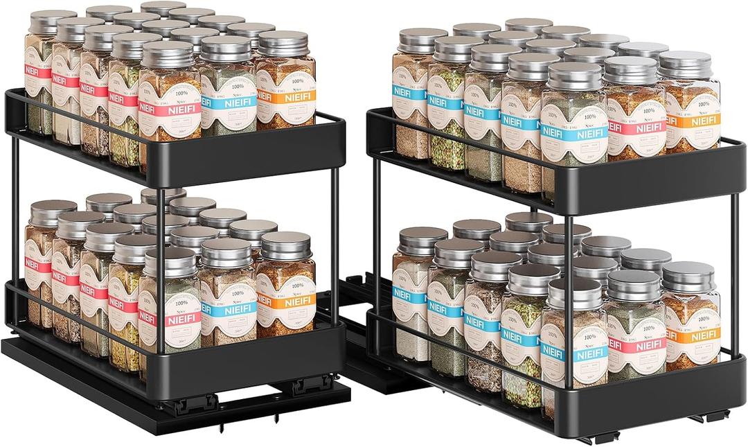 Nieifi Spice Rack Organizer for Cabinet, Vertical Spice Rack Pull Out, Easy to Install, Metal, 6.5''Wx10.35''Dx8.4''H, 2 Pack, 2 Tiers(Black)