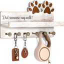 MTERSN Farmhouse Dog Leash Holder for Wall - Dog Stuff Organizer and Key Holder Wall Mount with a Floating Shelf & 6 Hooks for Home Decor - Perfect Gifts for Dogs Lovers (White)