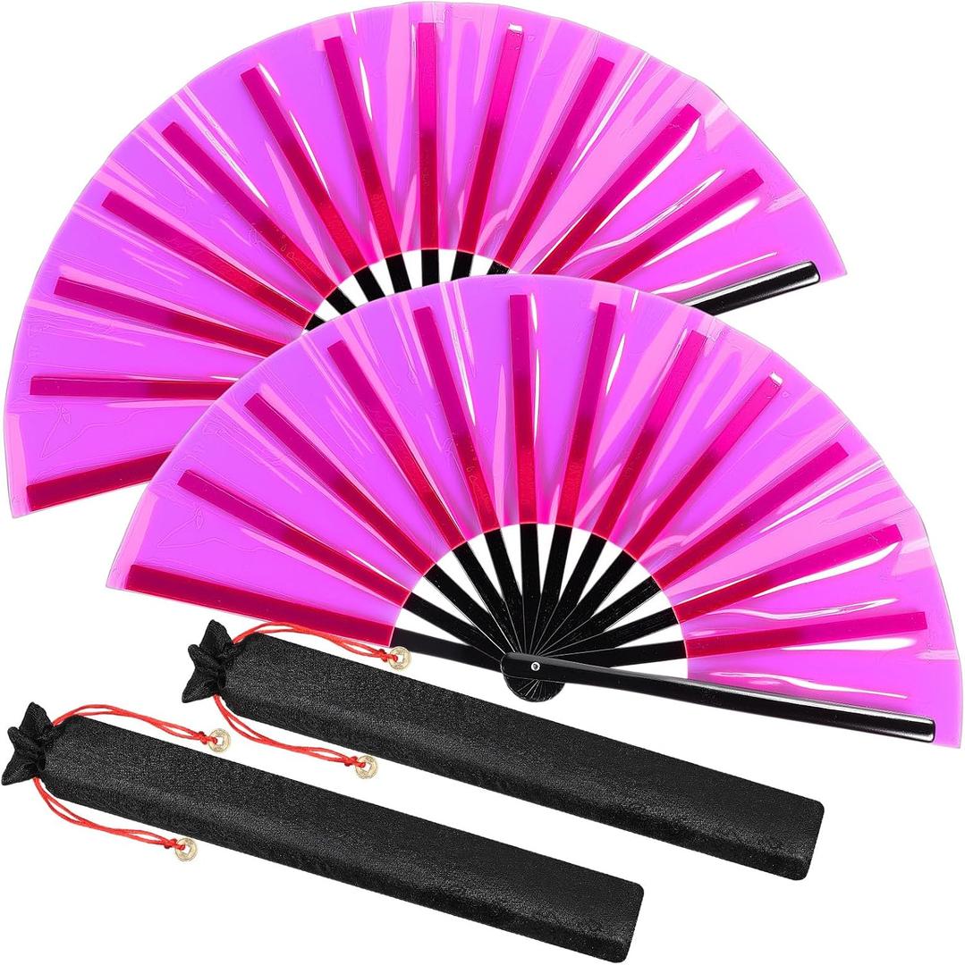 2 x Maitys Large Rave Fan Folding Handheld Fans 13'' Clap Fans for Line Dancing Clack Fan Holographic Festival Accessory for Martial Art Gift Performance, Includes 2 Pouch