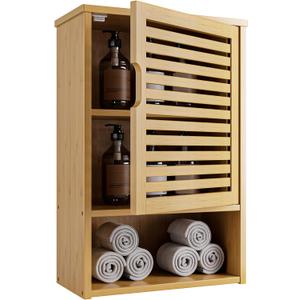 HITNET Bathroom Wall Cabinet, Medicine Cabinet Over The Toilet, Bamboo Hanging Storage Organizer with Single Door and Open Bottom Shelf, for Kitchen Living Room, Natural