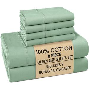 Casa Platino Queen Bed Sheets  100% Cotton Sheets with 4 Pillowcases, Crisp Percale Weave & Cozy Feel, Cooling & Breathable Queen Sheet Set with 15" Deep Pocket, Excellent Quality & Fit  Sage Green
