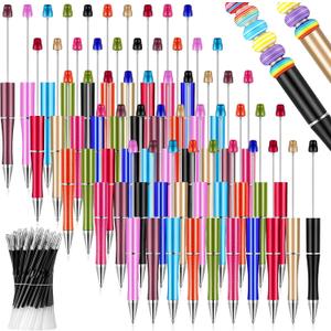 Crtiin 50 Pieces Plastic Beadable Pen Bulk Bead Ballpoint Shaft Black Ink Beaded Pens with 50 Refills for DIY Making Gift Kids Students Office School Supplies(Bright Color)