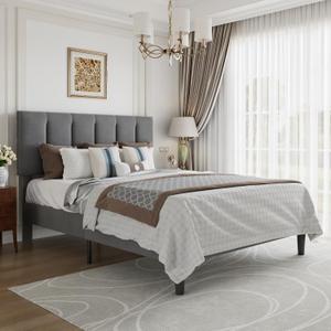 Queen Size Bed Frame with Upholstered Headboard, Dark Grey
