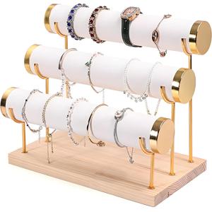 Bracelet Holder Stand Wood Bangle Wristband Watch Organizer Display Rack with Leather Soft Mat Jewelry Display Towers for Home Store shows (White, 3 Tier)