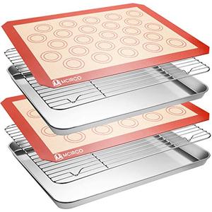 Stainless Steel Baking Sheet Tray Cooling Rack with Silicone Baking Mat Set, Cookie Pan with Cooling Rack, Set of 6 (2 Sheets + 1Racks + 2 Mats), Size 16 x 12 x 1 Inch, Easy Clean