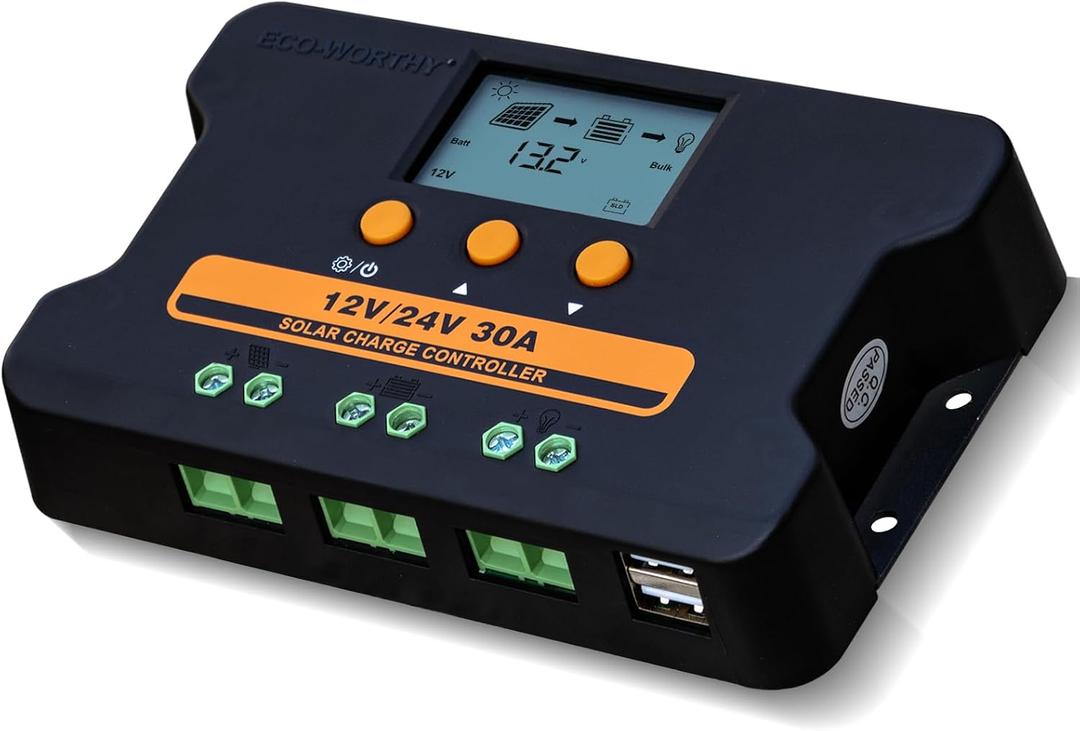 ECO-WORTHY Solar Charge Controller 30A Solar Panel Custom Battery Regulator, Dual USB Port Auto 12V/24V PWM for FLD/LiFePO4/SLD/GEL RV Solar System