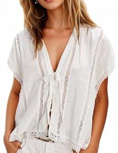 People Free Dupes Top, Womens Satin Lace Shirts Short Sleeve Button Up Chiffon Cardigan Tie Front Coquette Flowy Y2k Tops Clothes Small