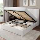 Feonase Queen Size Lift Up Storage Bed Frame, Velvet Upholstered Platform Bed Frame with Wingback Headboard, Hydraulic Storage, No Box Spring Needed, White