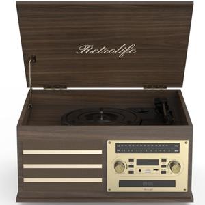 R Retrolife® Vinyl Record Player 10-in-1 Music Center Vintage Turntable,Brown Built-in Speakers,3 Speed,BT Wireless Input Output,CD Tape Cassette Player,AM FM Radio,RCA,Vinyl Recording to USB,Auto Stop 