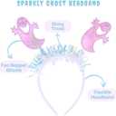 3 Pack Halloween Ghost Headband, Sparkly Bopper Ghost Hair Accessories w/Silver Tinsel | Fun Animated Look | Lightweight & Comfortable | One Size Fits Most Teens & Adults - Pink, Purple & White