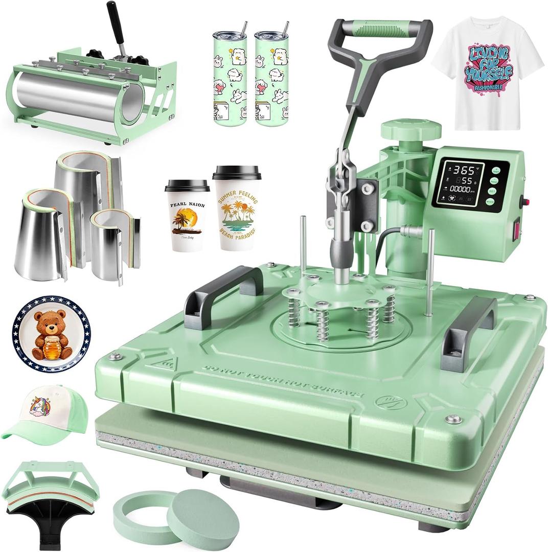 Seeutek 8 in 1 Heat Press Machine 15x15 Inch, Swing Away Digital Sublimation Heat Transfer Press with 20oz & 30oz Tumbler Attachments for T-Shirts, Mugs, Hats & Plates, Green