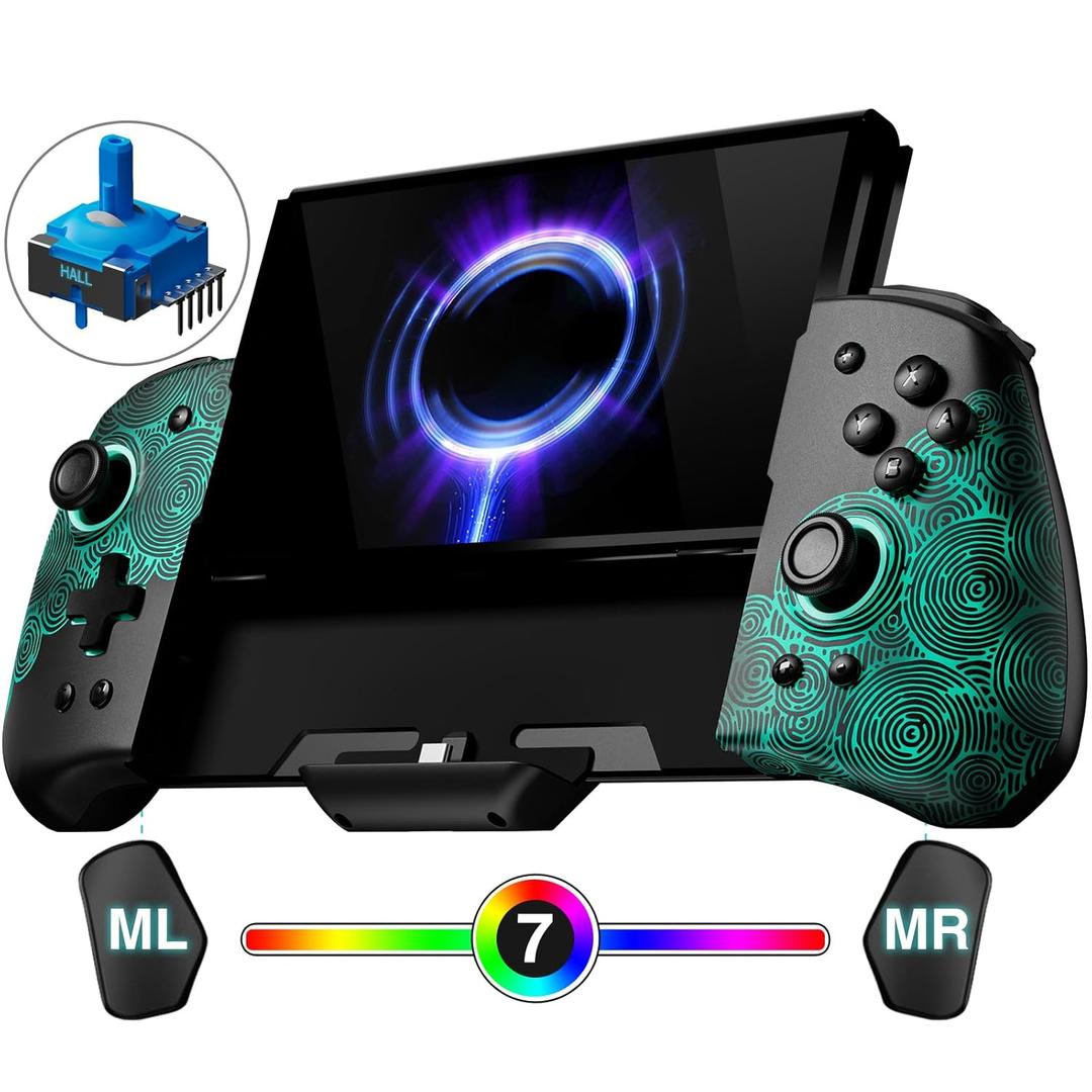 FUNLAB Switch Handheld Controller for Nintendo Joycon Replacement, Hall Effect Luminous Switch Joypad Controller Customizable, Ergonomic Switch One-Piece Joypad Controllers Replacement - 7 LED Colors (Black-Ripple Pattern)