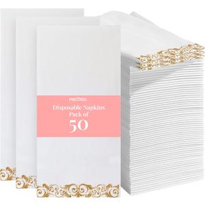 Prestee 50 Pack Disposable Hand Towels for Bathroom - Elegant Linen Feel Paper Napkins, 2-Ply - Absorbent Decorative Guest Towels for Bathroom, Wedding, and Party Use - (White and Gold)