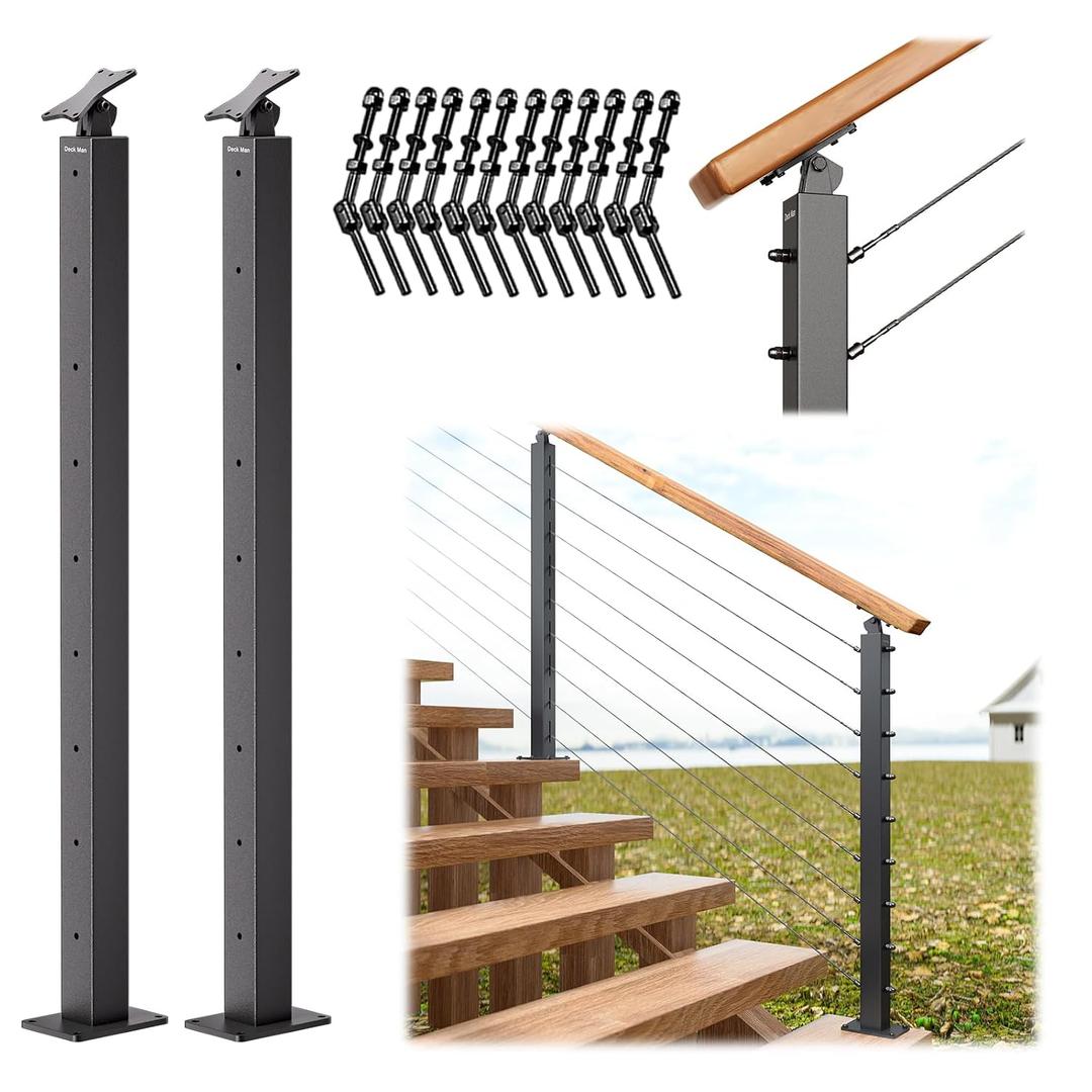 2 x 2 Pack 36inch Cable Railing Post Adjustable Angle Cable End Post Stainless Steel Deck Railing Post, Black