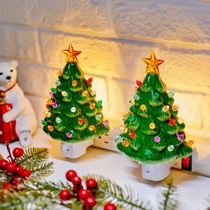 Brightown Ceramic Christmas Tree Night Light - 2 Pack 6" Christmas Decorative Ceramic Tree with ON/Off Switch, Vintage Christmas Night Light for Bedroom Living Room Porch Holiday Decor