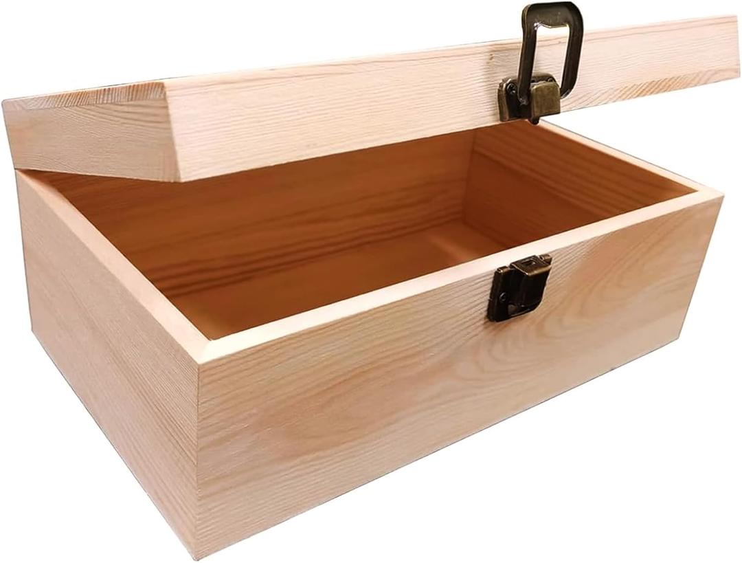 Natural Wood Craft Box with Hinged Lid - Reusable DIY Jewelry & Gift Box for Home, Art Supplies, and Hobby Organization, 9.2"x5.5"x3.9"
