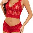 Lilosy Petite Sexy Women Floral Lace Pajamas Lingerie Set High Waist Sheer Sleepwear Nightwear See Through Bow Ties Cami Shorts Bra and Panty 2 Piece Red X-Small