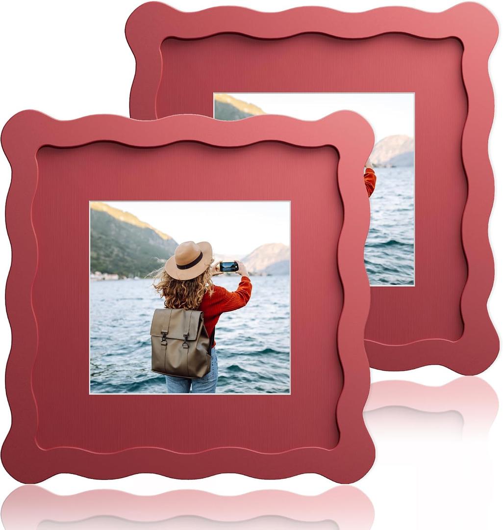 6x6 Wavy Picture Frame With Mat For 4x4, Wavy Edge Wooden Picture Frame with Real Glass - Wall Mount and Tabletop Display, Red, 2 Pack