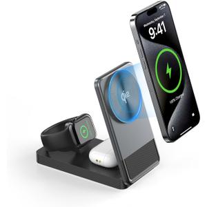 3 in 1 Wireless Charging Station,15W Fast Charger for iPhone 17/16/15/14/13/12 Series, Apple Watch, AirPods Portable Travel Dock for Apple Devices