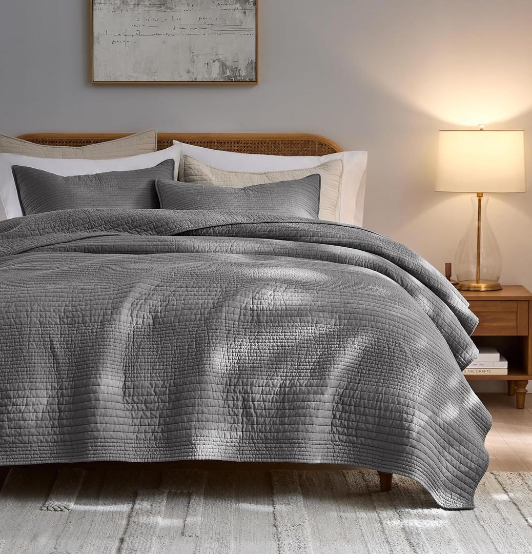 PALASSIO Striped Dark Grey 100% Cotton Quilt California Cal King Size Bedding Sets, Oversized Lightweight Channel Pick Stitch Textured Bedspread Soft Farmhouse Country Coverlet for All Season, 2 Shams