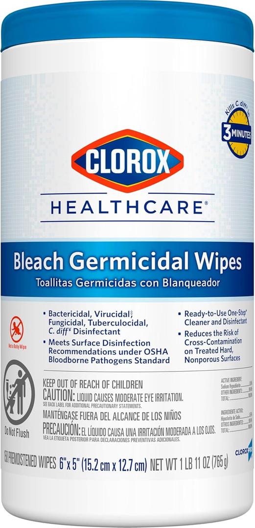 Clorox Healthcare Bleach Germicidal Wipes, 6" x 5", 150 Count Canister 