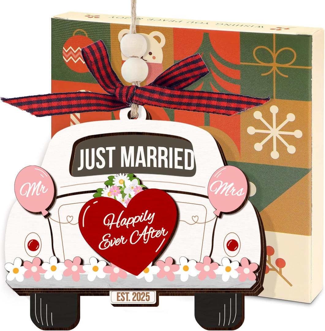 10 x Wedding Gifts for Couples 2025, First Christmas Married Ornament 2025 - Just Married Wooden Ornament - Mr and Mrs Bridal Shower Gifts for Bride Newlyweds, Wedding Gift for Christmas Decorations