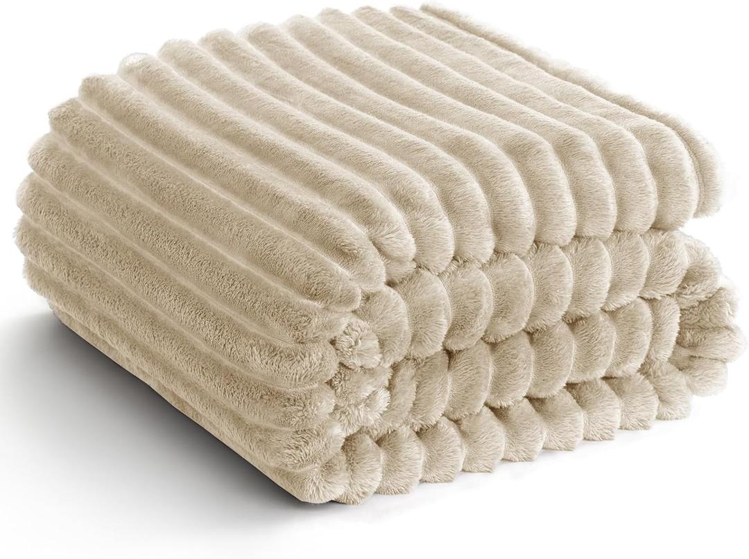 HIMEET Linen Ribbed Queen Size Blanket for Bed - 300GSM Lightweight Fleece Blanket for Men Women, Large Cozy Sofa Couch Cover Bed Blankets Gifts, Striped Spring Home Room Decor, Linen, 90x90 Inches