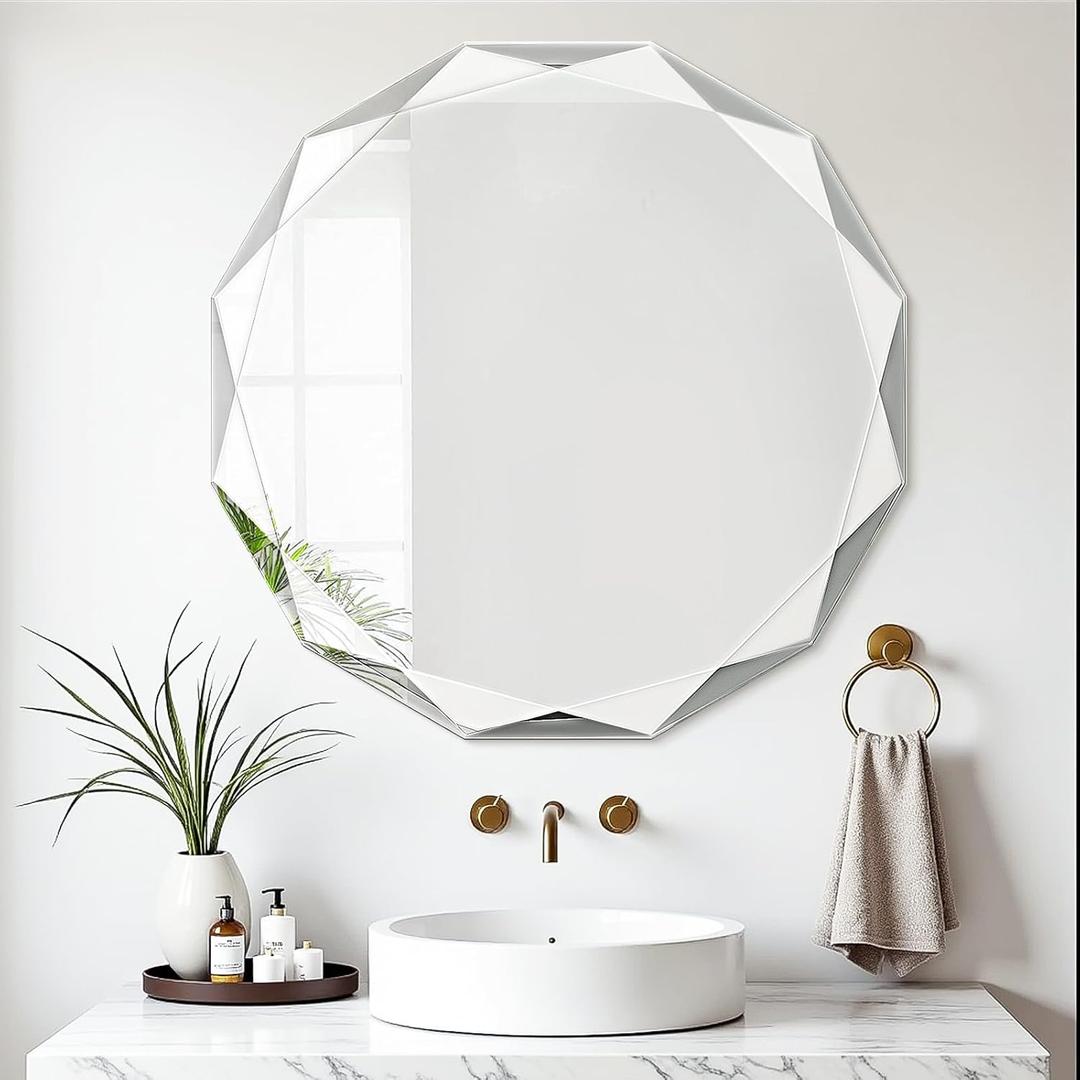 Bathroom Mirror for Wall, 24" x 24" Circle Bathroom Vanity Mirror, Beveled Edge Frameless Wall Mount Vanity Mirror, Decorative Round Irregular Beveled Edge (Nature)