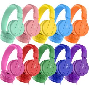 Classroom Headphones Bulk 10 Pack - Kids Headphones for School K-12 Student, 93dB Volume Limited On-Ear Wired Headset with Microphone, Durable 3.5mm Jack for Class Set Library Computer (Mixed Color)