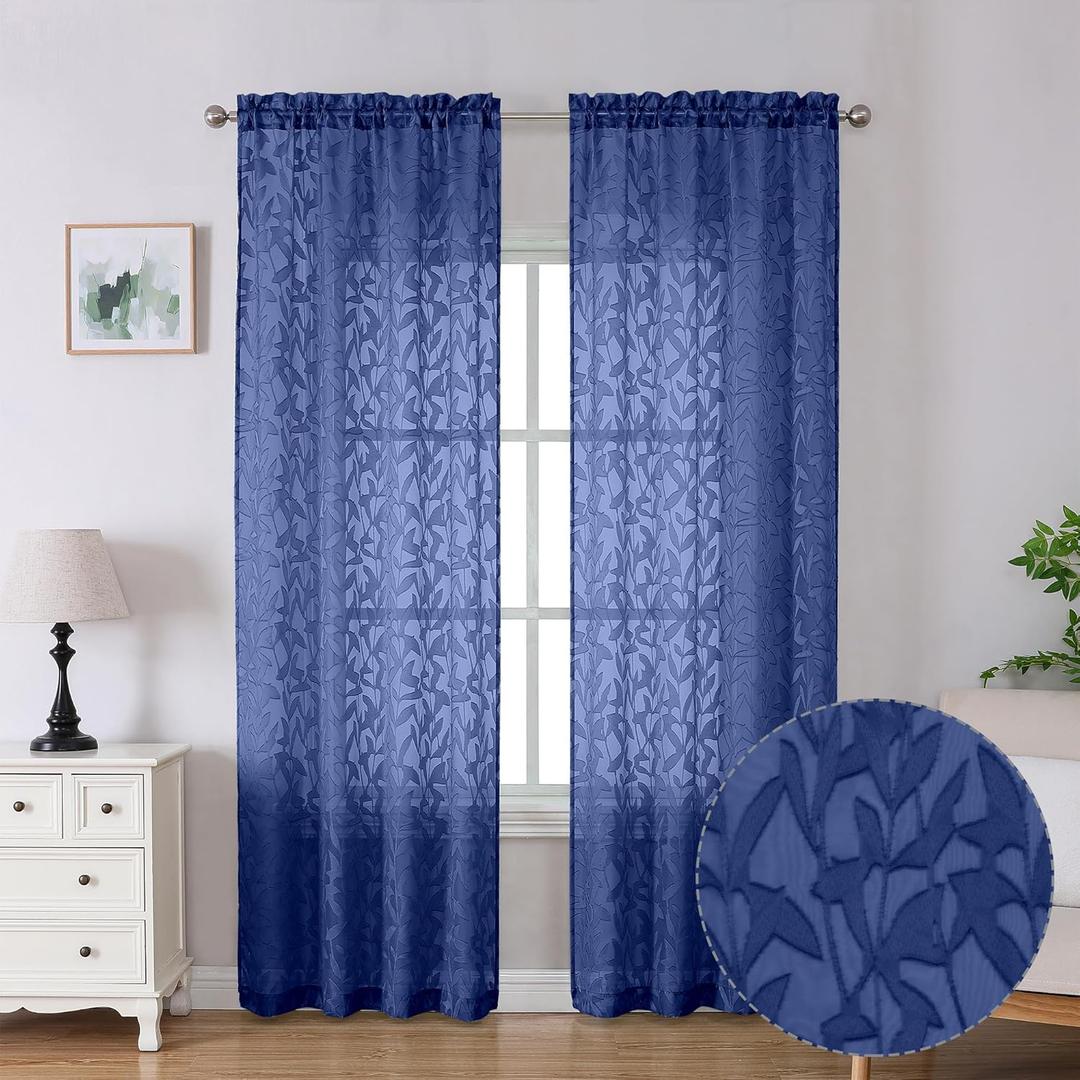 Lecloud Leia Dusty Blue Sheer Curtains 90 Inches Long 2 Panels, Jacquard Textured Curtains for French Door, Rod Pockets Farmhouse Airy Semi Sheer Voile Drapes for Bedroom Living Room, 40 W x 90 L