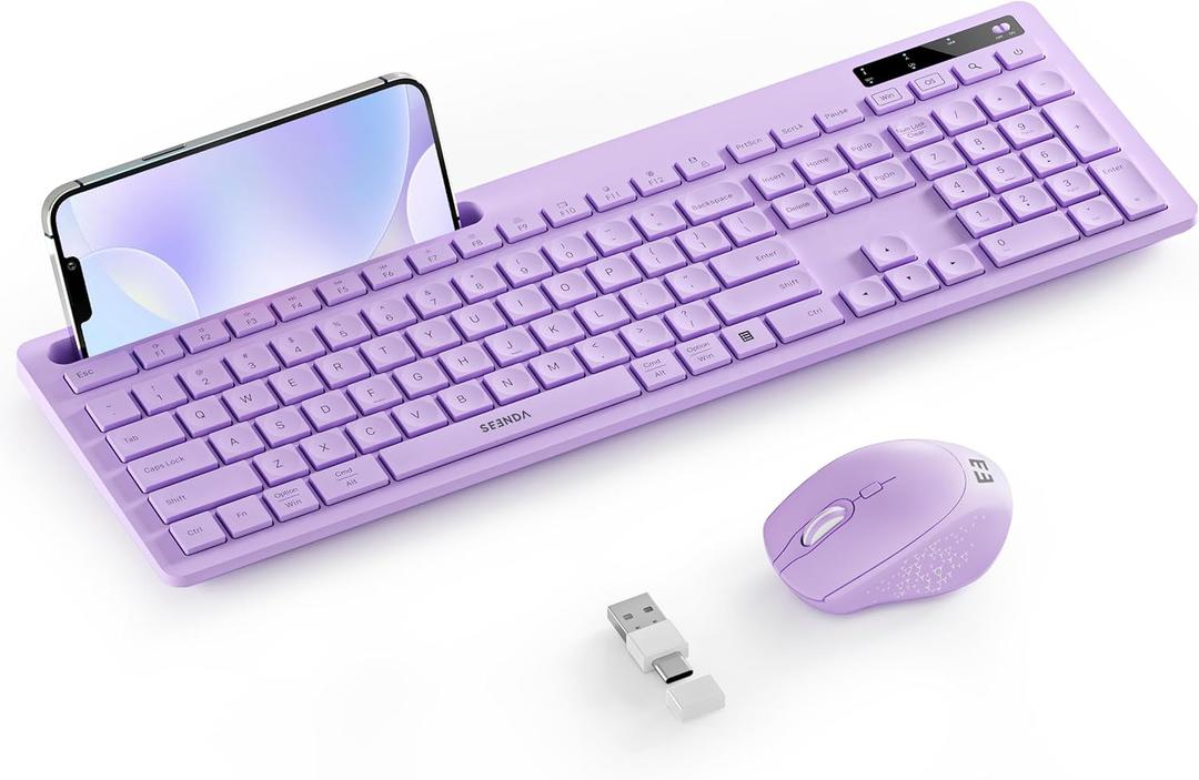 Wireless Keyboard and Mouse for MacBook, seenda Full-Size Wireless Keyboard with Phone Holder, 2.4G USB A & Type C Receiver, Compatible for Mac, MacBook/Air/Pro Windows Computer/Desktop/Laptop, Purple