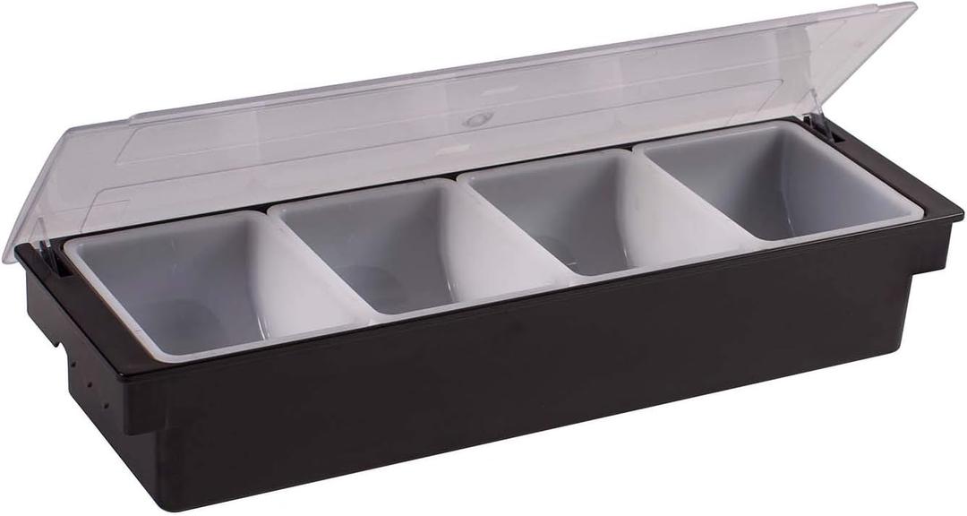 Winco 19 3/8" Black Plastic 4-Compartment Condiment Holder
Dishwasher safe, BPA-free, Removable poly inserts, R