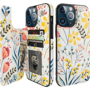 HAOPINSH for iPhone 13 Pro Max Wallet Case with Card Holder, Floral Flower Back Pattern Folio Flip PU Leather Kickstand Card Slots Case, Double Magnetic Clasp Durable Shockproof Cover 6.7"