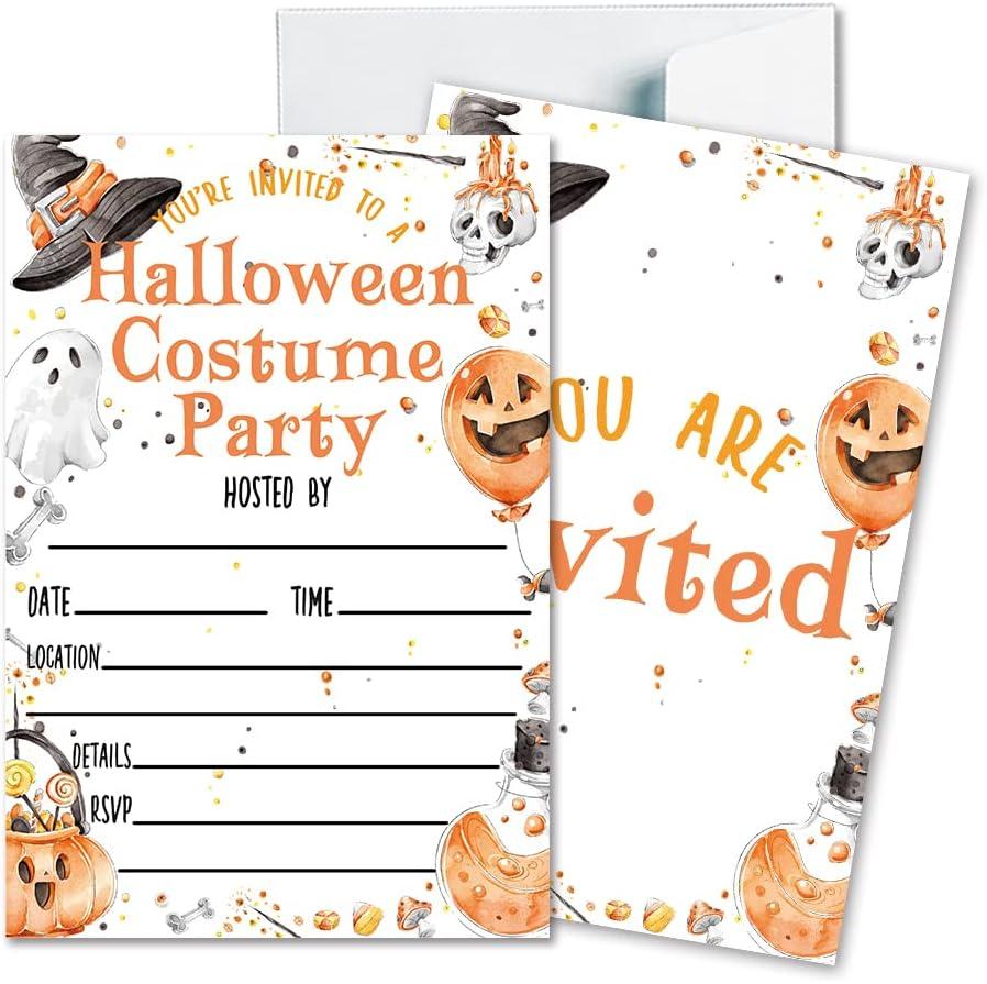 Deluxe Halloween or Costume Party Invitations, 25 Fill-in Cards with Envelopes, Pumpkin, Ghost, Monster, Cute Trick or Treat, Box or Treat for Kids Birthday or Adult party - 4"X6" (JRM338)