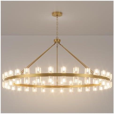 60 Inch Gold Wagon Wheel Chandelier with Crystal Shade, 60 Lights, Modern Farmhouse Style, Ideal for Dining Room, Kitchen, Entryways