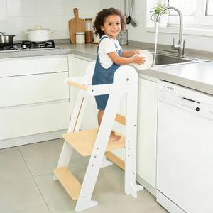 Foldable Toddler Learning Standing Tower, Kitchen Tower for Kid with 3 Adjustable Heights, Montessori Toddler Standing Tower for Kitchen Counter and Bathroom Sink (White)