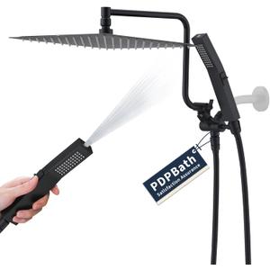 PDPBath All Metal Rainfall Shower Head with Handheld, 12'' High Pressure Rain Shower Head with Adjustable Extension Arm Z-shaped, 79" Extra Long Hose, 3-Way Diverter, Matte Black