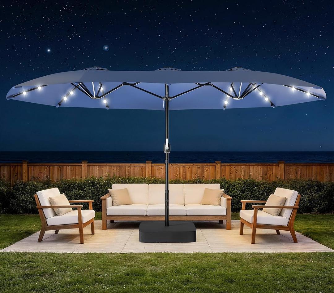 HOPERAN 15FT Patio Umbrella with Solar Lights, Large Outdoor Double-Sided Rectangle Table Umbrella with Easy Crank Lift, Market Umbrella for Backyard, Pool&Garden