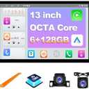 JMANCE 6+128GB 13 inch Double Din Touch Screen Android Car Stereo with Front and Rear Camera Octa Core Android 13 QLED Bluetooth GPS Radio DSP AM FM RDS SWC WiFi MIC