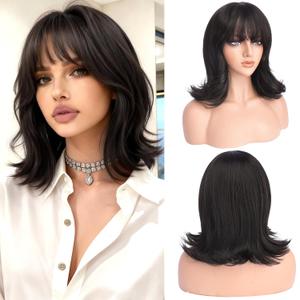 Haloo Brown Short Bob Wigs with Bangs Shoulder Length Wavy Layered Flipped Ends Natural Looking Medium Synthetic Hair Wig for Women Daily Party, 14 Inch Dark Brown