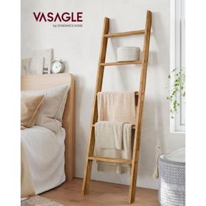 Blanket Ladder for Living Room 5-Tier Blanket Holder with Light, Wall-Leaning Blanket Rack, Ladder Shelves, Wooden Quilt Ladder, Farmhouse Decor for Bedroom Bathroom Home Decor (Wood)