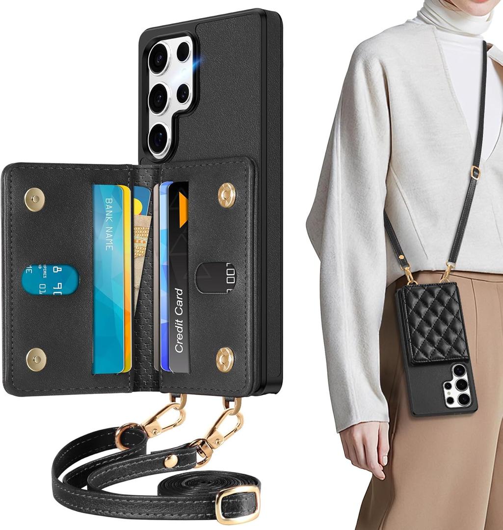 TUCCH Crossbody Wallet Case for Galaxy S25 Ultra, RFID Blocking [6 Card Slots][Detachable Lanyard], Magnetic Closure Flip Wallet PU Leather Shockproof Phone Cover for Galaxy S25 Ultra, Black Argyle