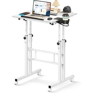 Small Standing Desk with Wheels, Mobile Stand Up Desk, Portable Standing Table on Wheels for Walking Pad, Rolling Computer Desk Adjustable Height, Tall Table (White)