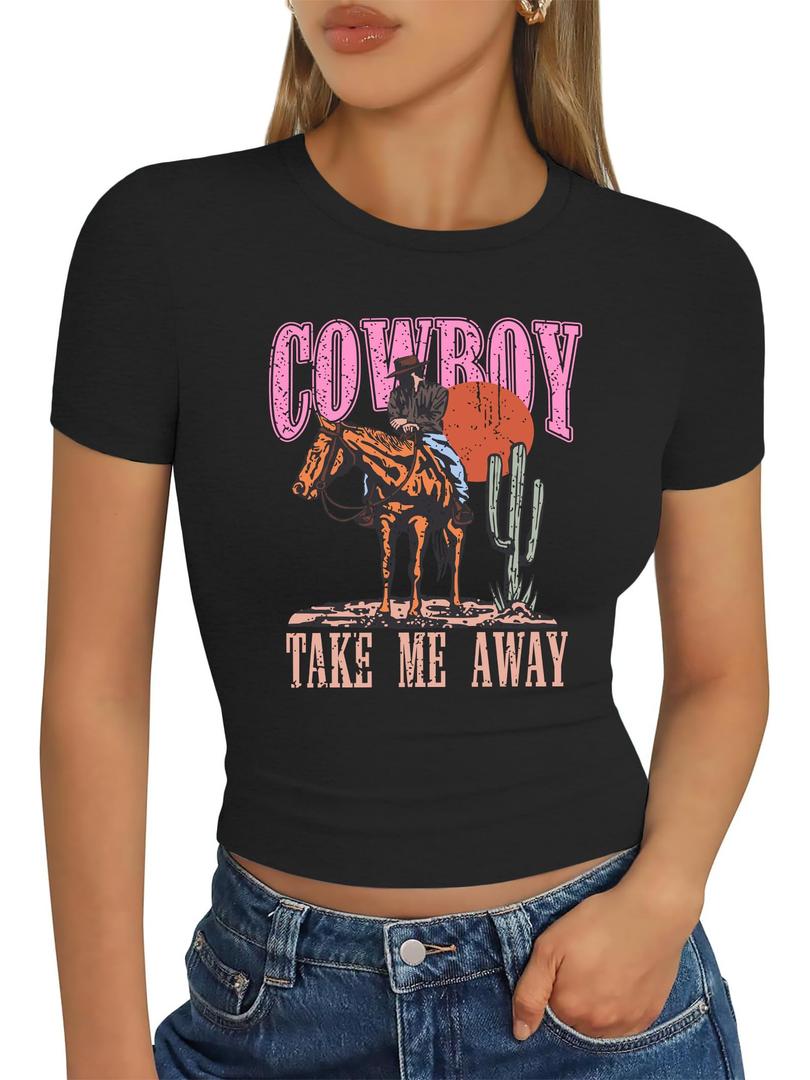 Rock Band Shirts Women: Crop Country Music T-Shirt Funny Cowboy Graphic Tees Crop Tops Fashion Y2k Clothes (L)