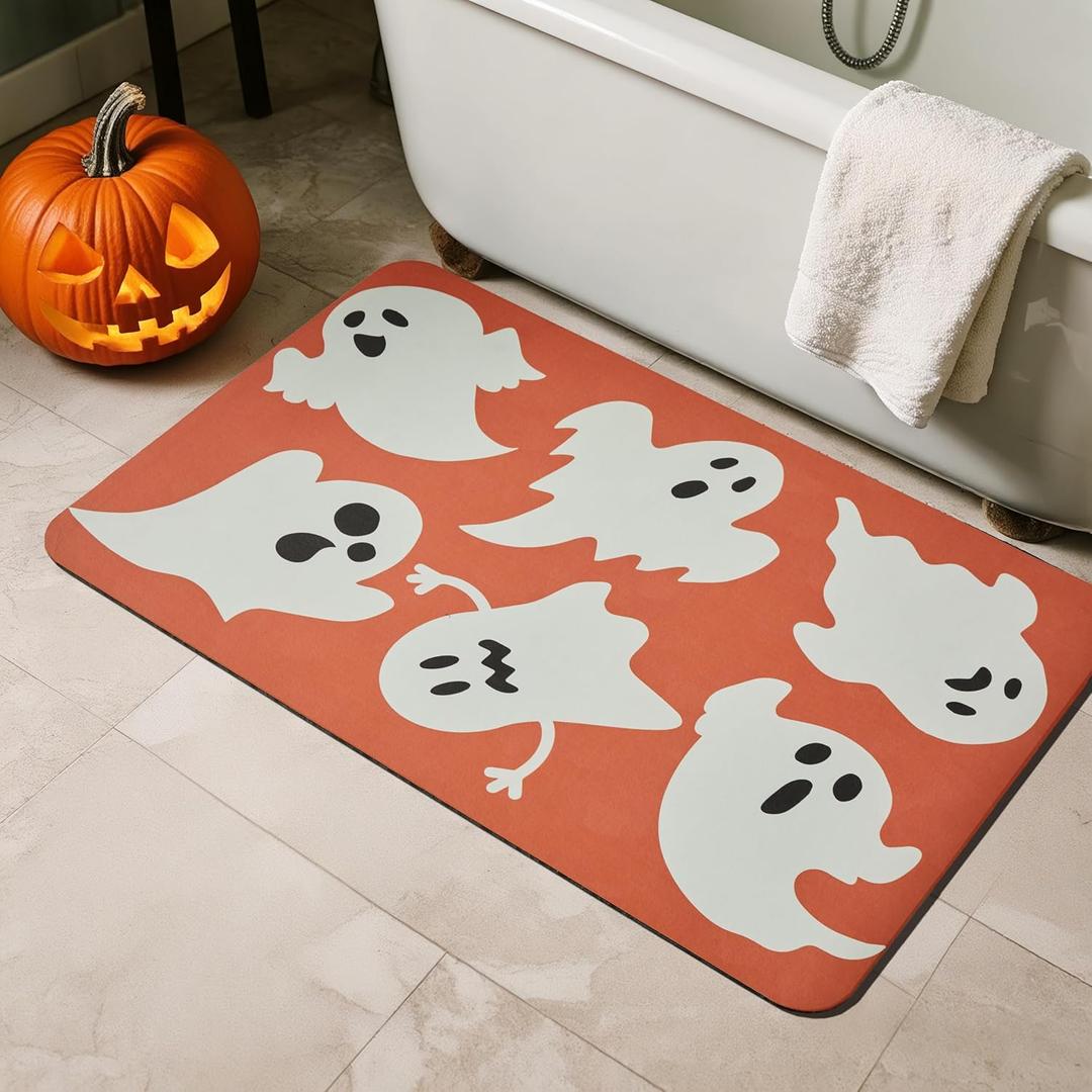 Halloween Bath Mat, Thin Halloween Bathroom Rug Non Slip Quick Dry Bath Mat Fits Under Door Thin Floor Mat Halloween Decor, 17''x30'', Cute Ghosts Orange (1'5" x 2'6" (Rectangular))