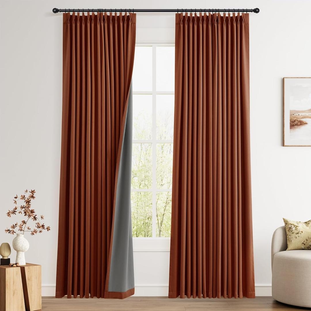 Pinch Pleated Linen 100% Blackout Curtains 84 Inch Length 2 Panels Insulated Thermal Full Blackout Drapes for Bedroom Living Room Darkening Terracotta Pinch Pleat Curtains with Hooks Rings Clips 7 FT