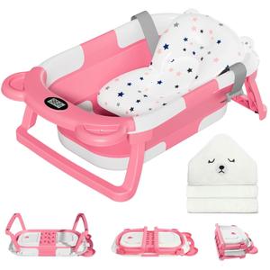 MoreFeel Collapsible Baby Bathtub for Newborn with Thermometer & 1 Hooded Towel & 1 Soft Floating Cushion,Portable Travel Bathtub with Drain Hole, Durable Foldable Baby Tubs for Infants to Toddler (Pink)